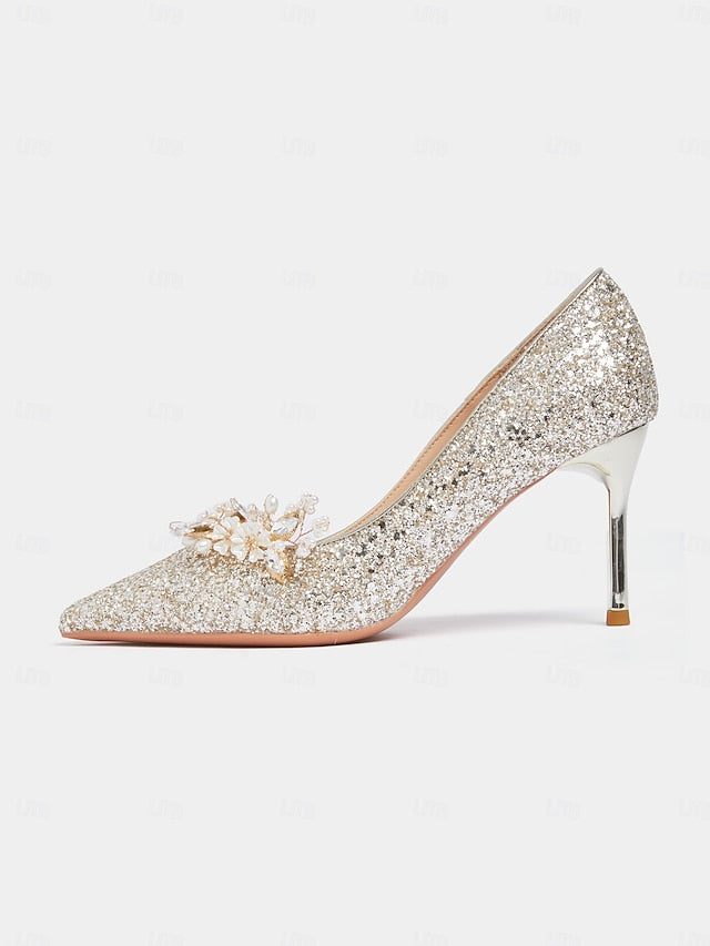 Heels Floral Silver with Women's Glitter Stiletto