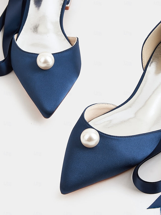 Pointed Toe Embellished Navy - Women's Pearl Satin Flats
