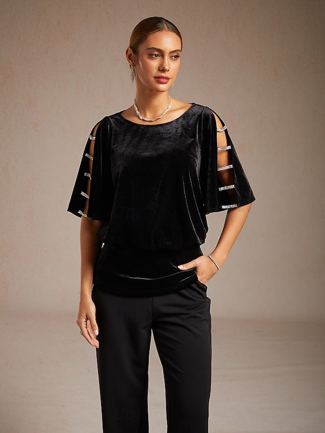 Women's Velvet Dressy Tops Beaded Cut Out Elegant Party