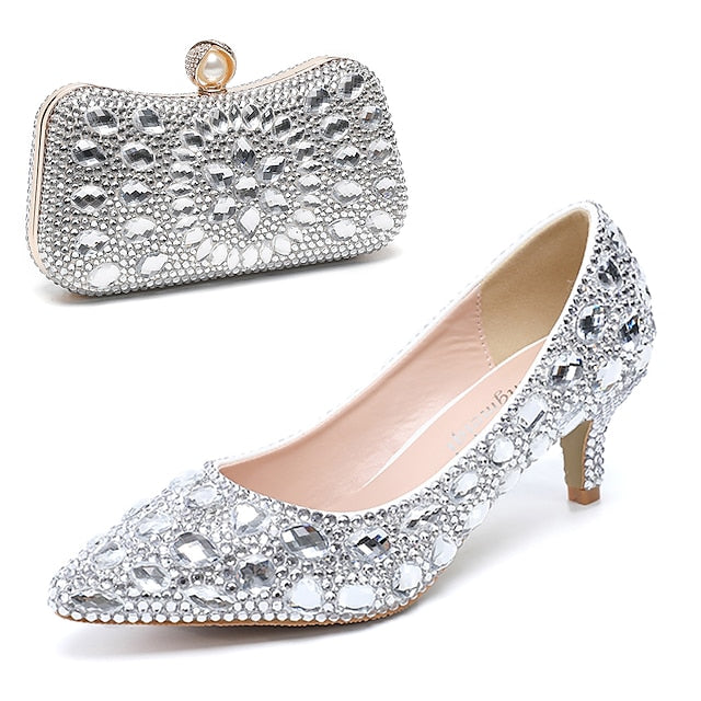Crystal-Embellished Heel Kitten Shoes Matching and Women's