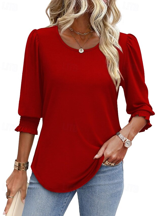Women's T Shirt Tee Top Plain Casual 3/4 Length Sleeve Crew