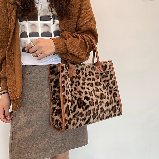 Tote Bag mit Kunstleder Leopardenmuster Braun Damen Fell