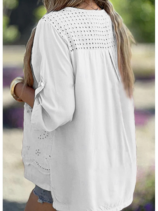 Women's Eyelet top White Cotton Blouse Dressy Tops Faux