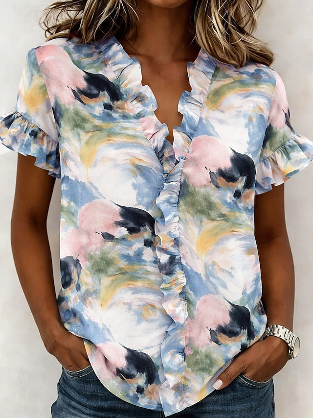 Women's Shirt Tunic Ruffle Ombre Graphic Abstract Elegant