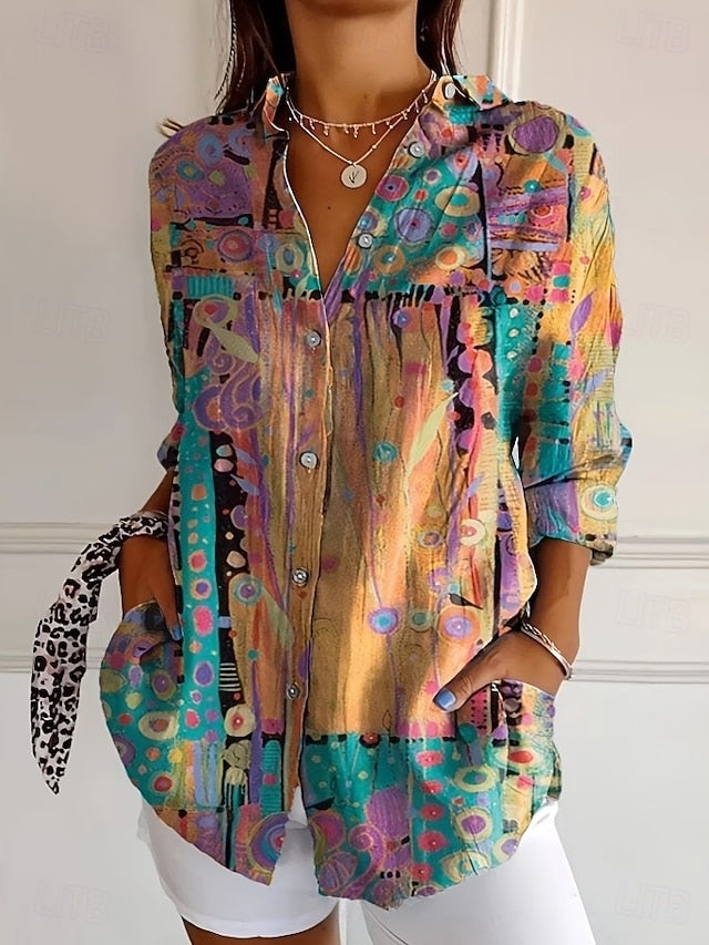 Women's Shirt Blouse Patchwork Buttons Print Graphic