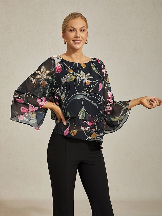 Women's Blouse Black Floral 3/4 Sleeve Loose Round Neck