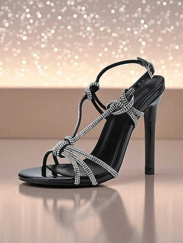 Toe with Heels Rhinestone Women's Stiletto Strappy Square
