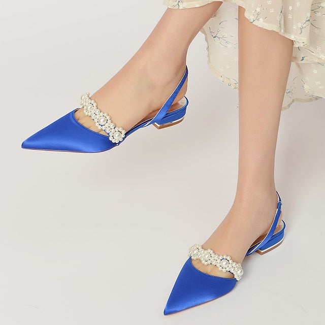 White Women's Elegant Pearl Satin Shoes with