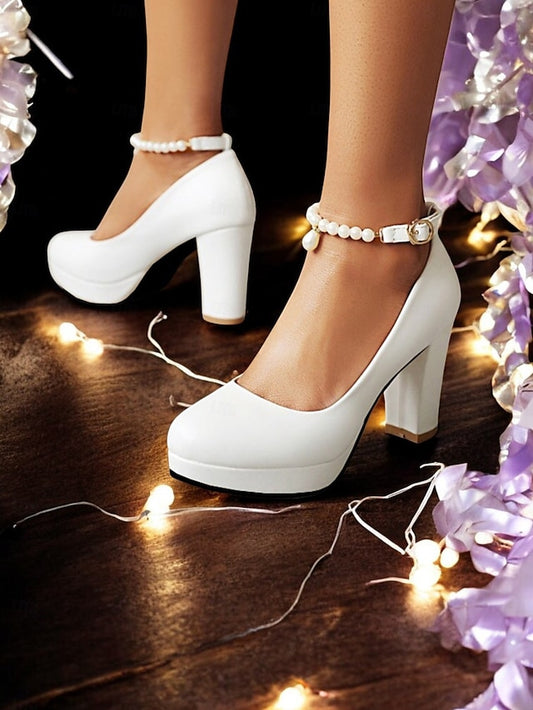 Strap Ankle Women's Heel Pearl High Pumps with – White