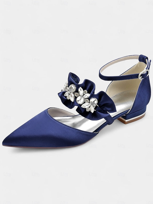 with Satin Pointed-Toe Flats Black Rhinestone Women's
