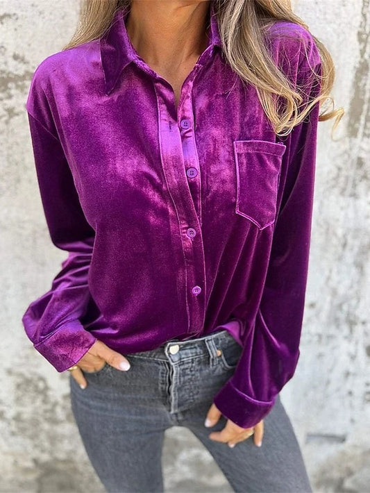 Women's Shirt Velvet Elegant Dressy Pocket Buttons Draped