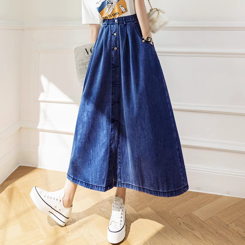 Modern Navy Wrinkled Pockets Elastic Waist Patchwork Denim Skirts Summer LY5267