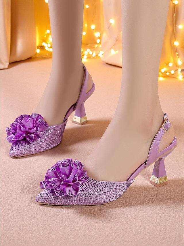 Heels with Slingback Rhinestone Floral Purple Women's
