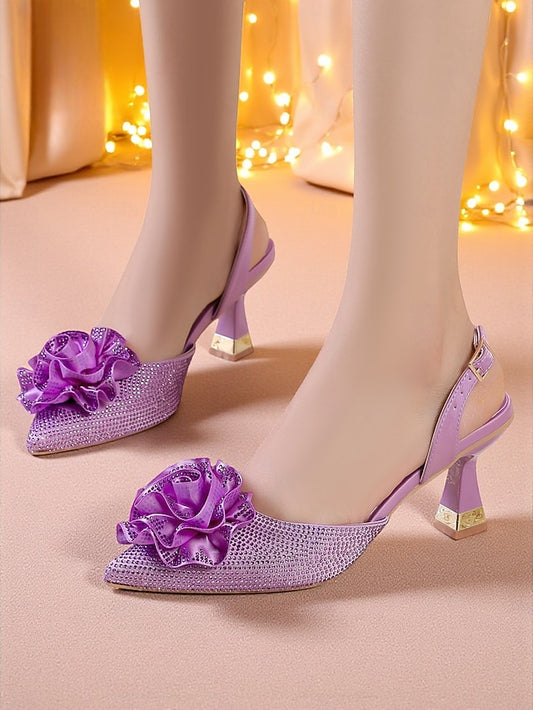 Heels with Slingback Rhinestone Floral Purple Women's