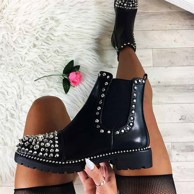 Sole for Ankle Women – Black Chelsea Chunky Boots Studded