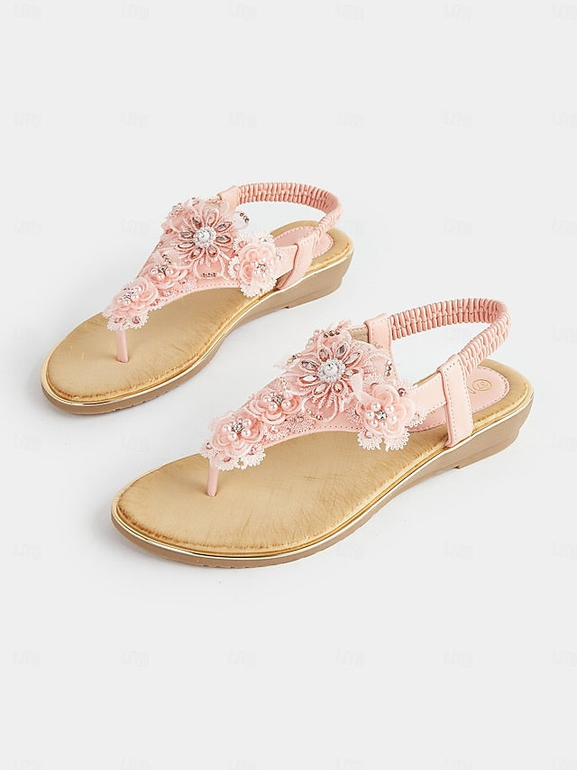 Women's – Lace Floral Pink Sandals T-Strap Embellished