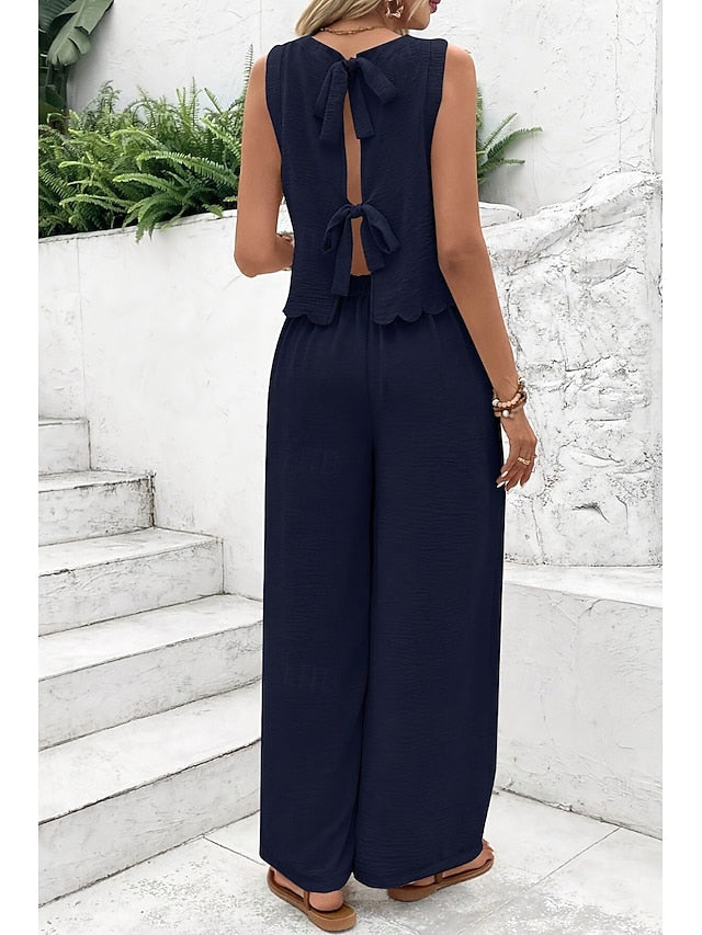 Women's Blouse Pants Sets Sleeveless Crew Neck Solid Color