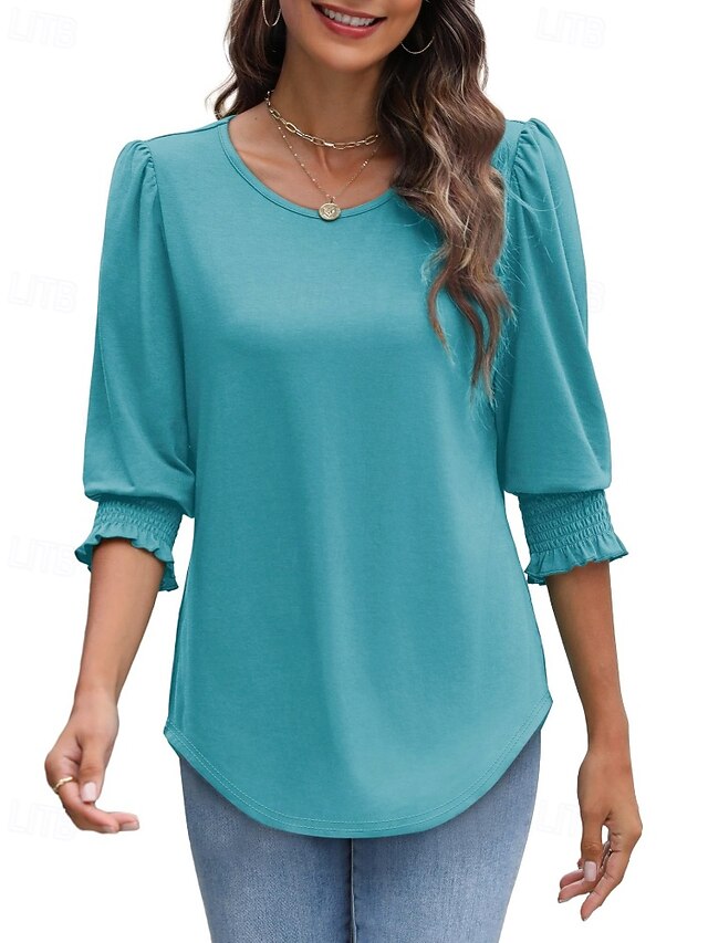 Women's T Shirt Tee Top Plain Casual 3/4 Length Sleeve Crew