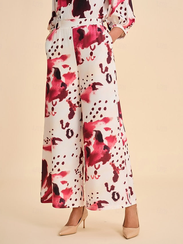 Women's Blouse Wine Abstract Print Standing Collar Casual
