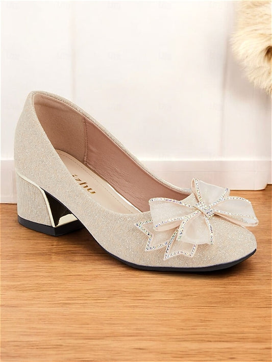 - Bow Gold Glitter Block Heel Decoration Women's with Pumps