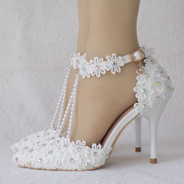 Shoes Heel Lace High Women's Bridal Pointed Wedding