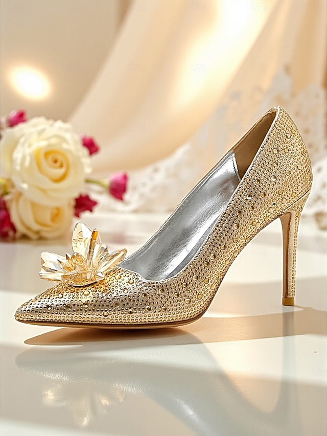 Gold Heel High Sparkly Women's Pumps - Crystal Embellished