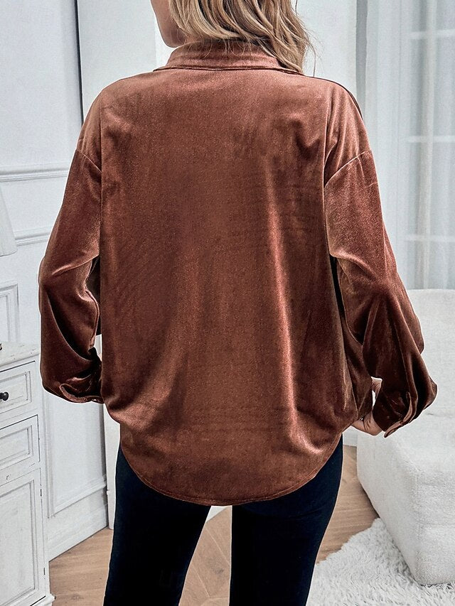 Women's Dress Shirt Button Up Shirt Blouse Velvet Blouse