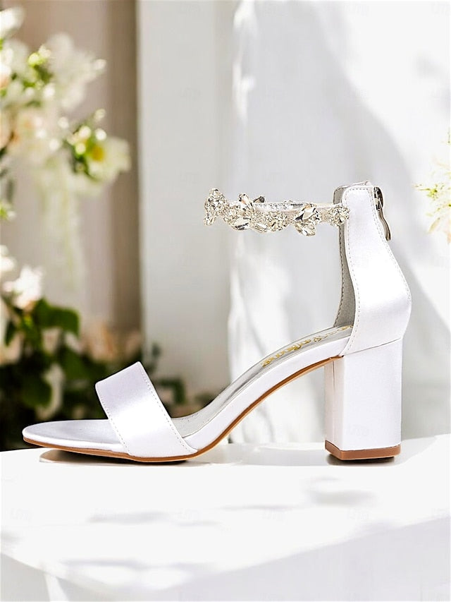 Heel White Sandals Ankle Block Satin Bridal with Strap Floral