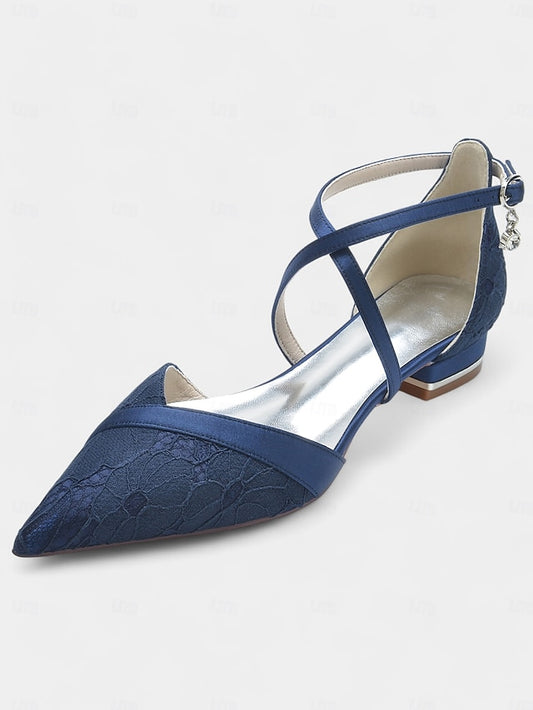 Navy Low Cross-Strap Overlay Satin with Blue Shoes for Lace Heel