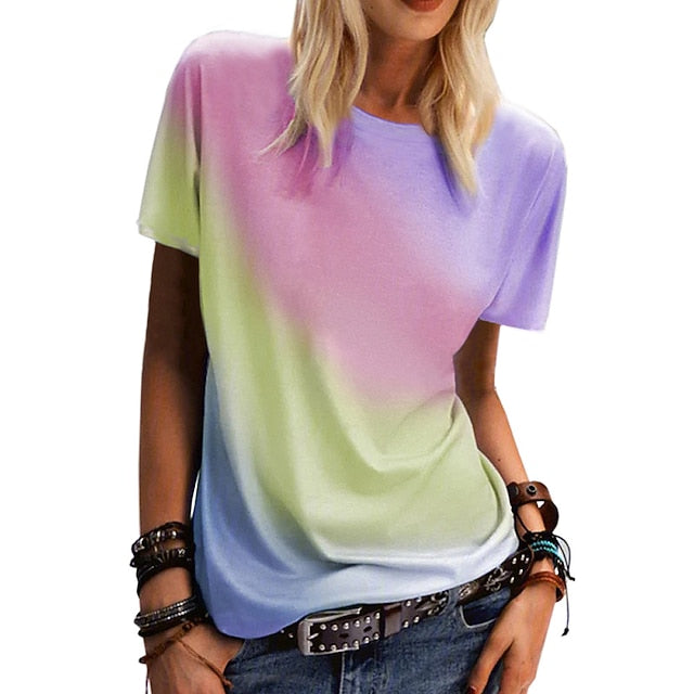 Women's clothing rainbow gradient printing casual top round