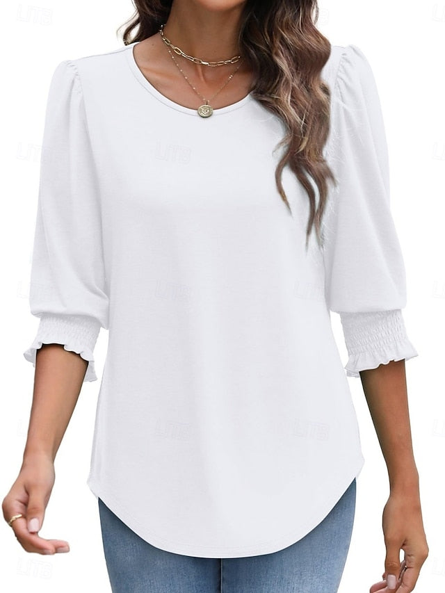 Women's Blouse Solid Color Stylish Casual 3/4 Length Sleeve