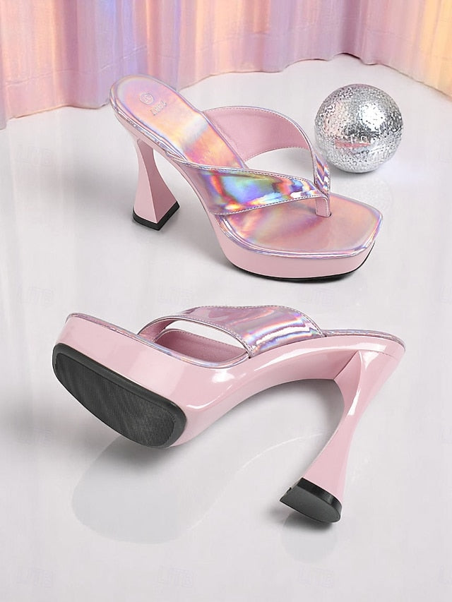 Chunky Block Open-Toe Pink Iridescent Women's with Heels