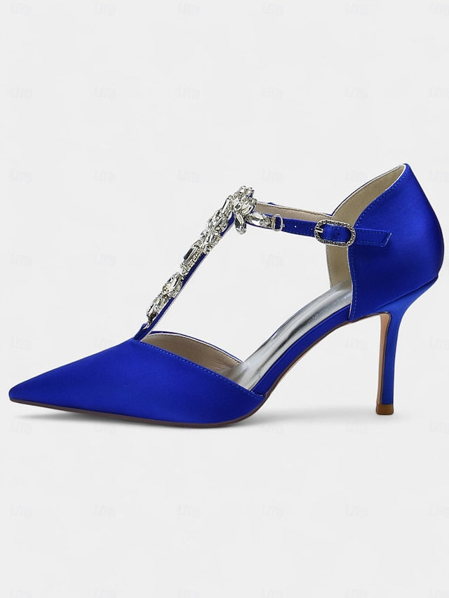 Women's – T-Strap Pointed Toe Satin Heels Blue Navy