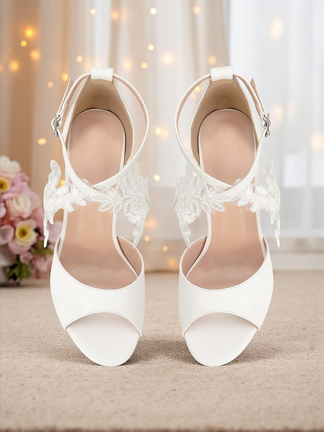 Block Strap White Heel Sandals Ankle Women's Lace with -