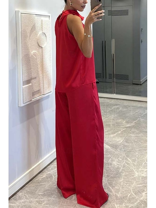 Women's Pants Sets Bolero Top Sleeveless Halter Neck Solid
