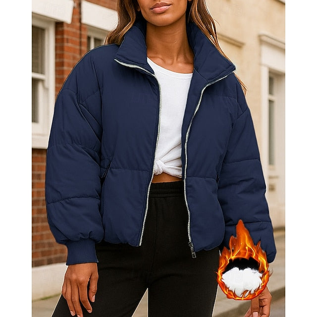 Women's Zip Up Jacket Winter Crop Coat Fleece Jacket with