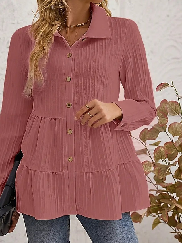 Women's Blouse Ruched Buttons Solid Color Stylish Casual