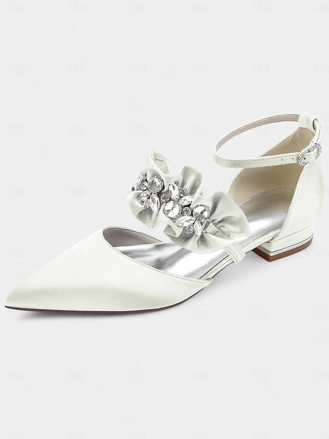 with Satin Pointed-Toe Flats Black Rhinestone Women's