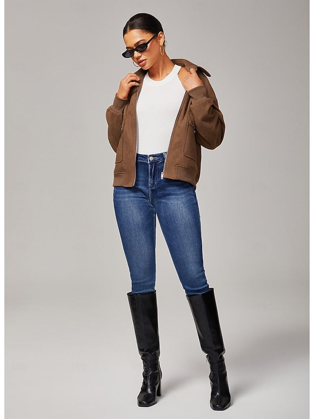 Women's Relaxed Faux Suede Zip Jacket Lapel Collar Ribbed