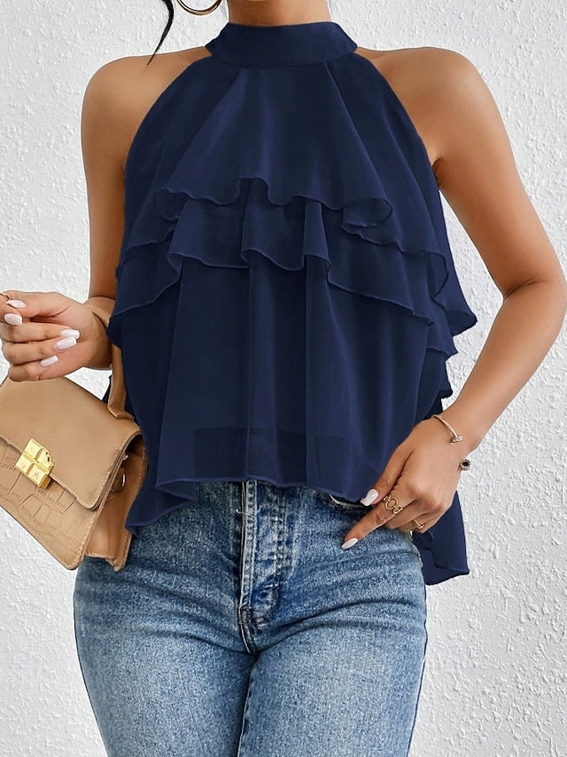Women's Tank Top Tee Top Ruffle Solid Color Elegant Fashion