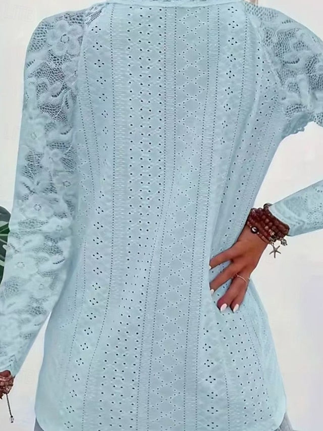 Women's Blouse Lace Tops Plain Active Stylish Long Sleeve V