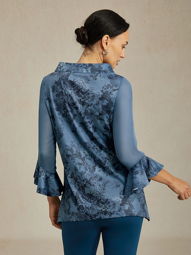 Women's Blouse Gray Blue Floral Stand Collar Sheer Panel