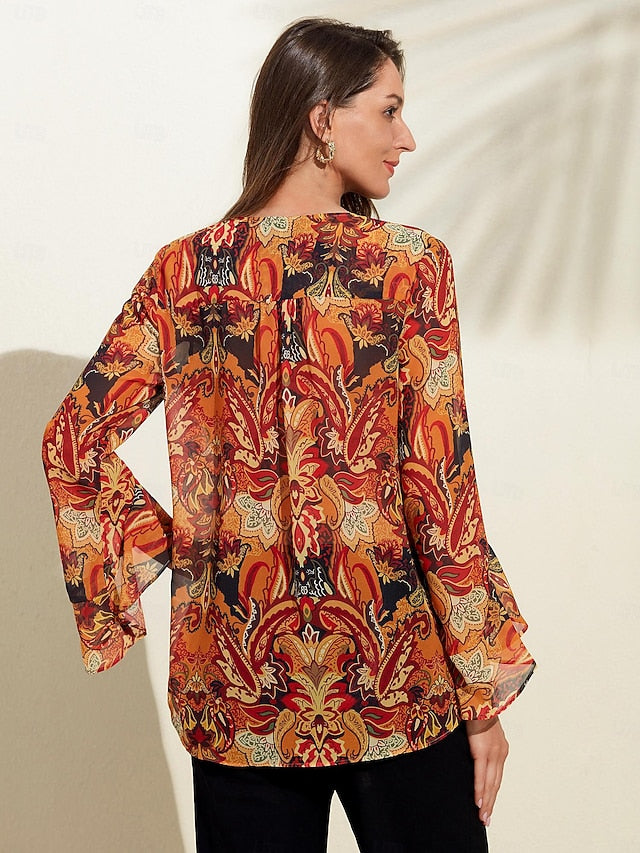 Women's Boho Shirt Blouse Ruffle Paisley Vintage Stylish