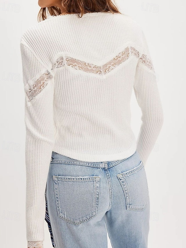 Women's Blouse Lace Tops Patchwork Buttons Plain Stylish