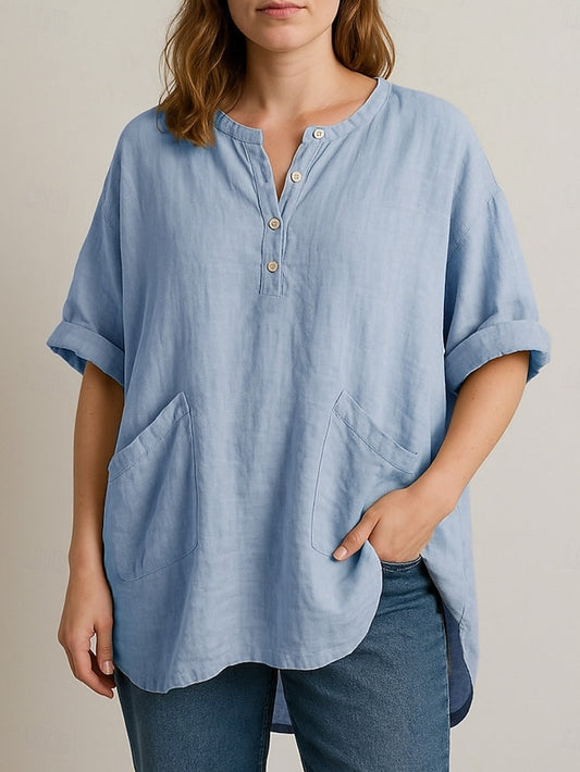 Women's Cotton Linen Shirts Pocket Buttons Print Plain
