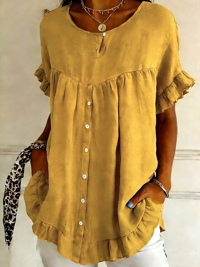 Women's Shirt Cotton Linen Shirts Blouse Ruffle Shirt Plain