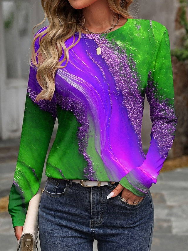 Women's T shirt Crew Neck Long Sleeve Tunic Ombre Graphic