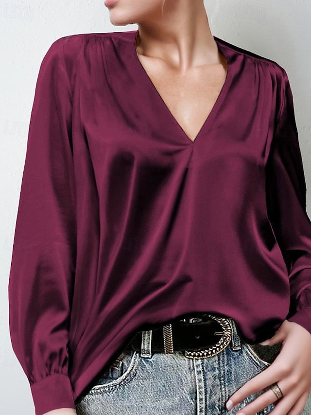 Women's Shirt Elegant Satin Top Blouse Ruched Plain Vintage