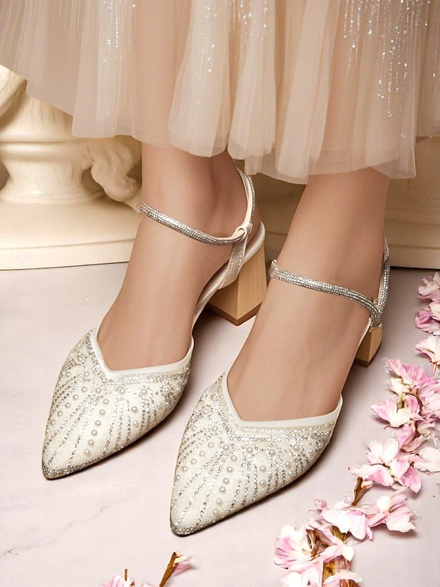 Block Toe Women's with and Heels Pearl Pointed Ivory