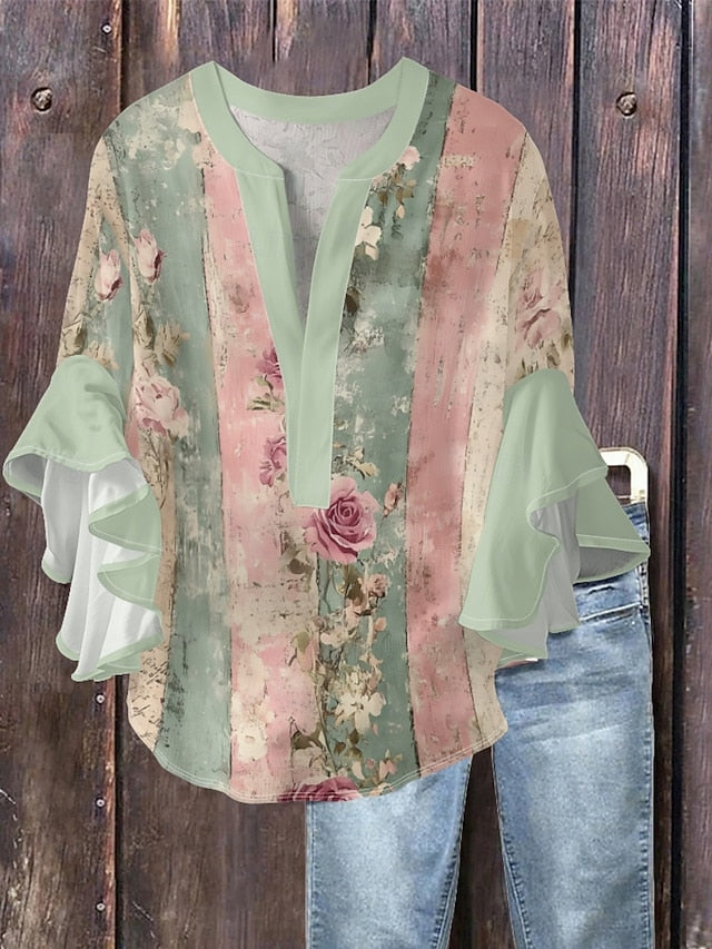 Women's Blouse Ruffle Print Floral Stylish Modern 3/4
